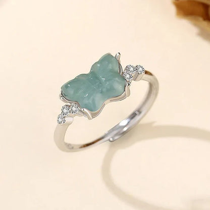 Natural blue water jade butterfly ring, elegant design for women.
