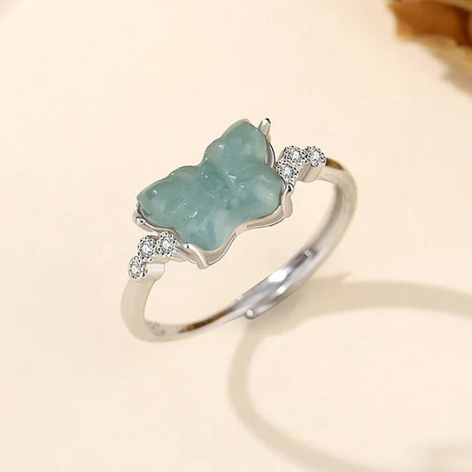 Natural blue water jade butterfly ring, elegant design for women.