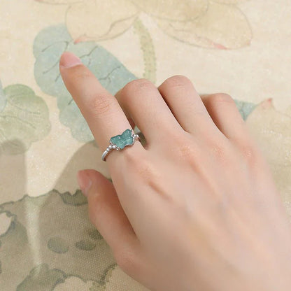 Natural blue water jade butterfly ring, elegant design for women.