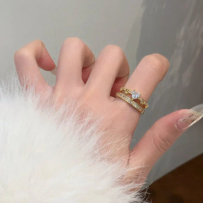 Rhinestone heart zircon ring, female, dual-layer, open-end design.