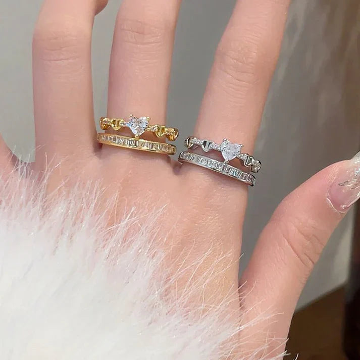 Rhinestone heart zircon ring, female, dual-layer, open-end design.